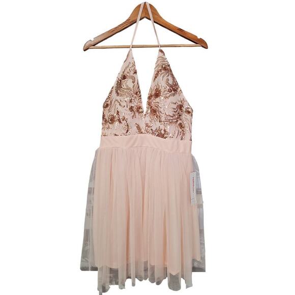 PromGirl Halter Sequin Homecoming Mini Dress Rose Gold Size L NWT - Picture 3 of 7